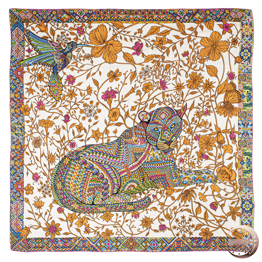 エルメス カレジェアン Le Jaguar et Le Colibri ジャガーとハチドリ 243919S 02 スカーフ ショール ストール カレ140 カシシル 2023AW